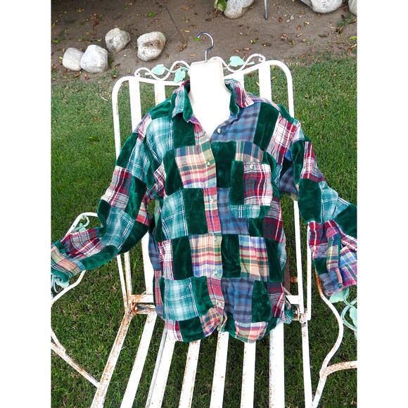 VINTAGE VELVET & FLANNEL COTTON PATCHWORK PLAID SHIRT OR SHIRTJACKET GRUNGE - Picture 3 of 8